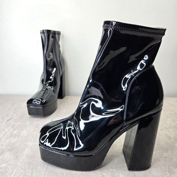 Steve Madden Platform Boots 10 Black Patent Y2k Chunky Block Heel Go Go Booties - Picture 1 of 11